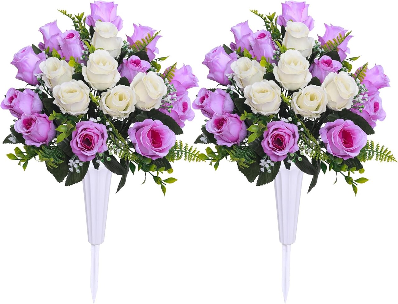 Artificial Cemetery & Memorial Flowers with Vase – White & Purple Silk Rose Gravesite Bouquet, Outdoor Headstone Decoration, Long-Lasting Memorial Arrangement (2 Bouquets)